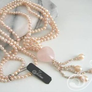 Lolitta Necklace. Double Strand Long Pink Pearl Necklace with Rose Quartz Puffy Heart Pendant