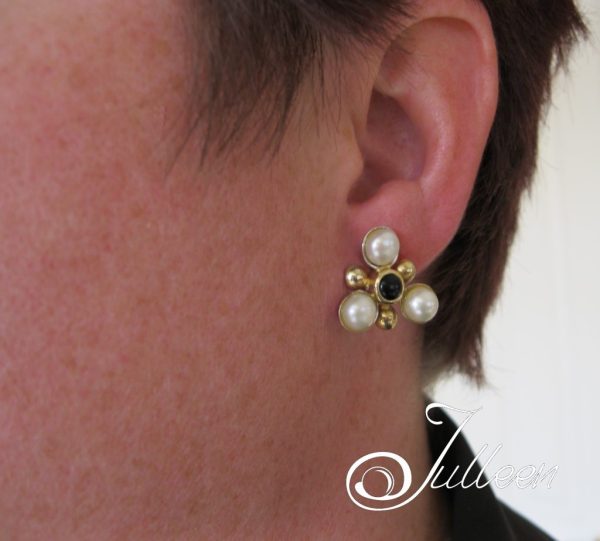 Maja, 3 White Pearl and Black Onyx Earrings in Sterling Silver and Gold Vermeil. - Image 2