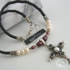 Mary Tudor Necklace Blood Red Garnets and White Pearl Cross Necklet 925