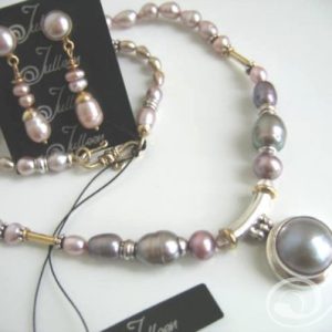 Mauve Mabe Pearl Sterling Silver Necklace Earrings Set