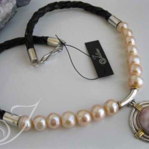 Nadja Rose on Leather Necklace. Pink Mabe 925 Pendant on Jumbo Pink Pearls and Leather