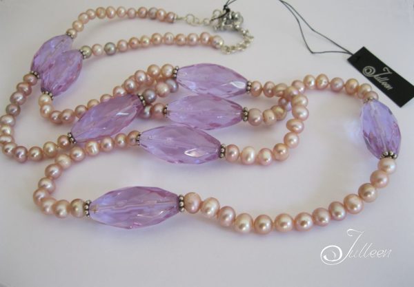 Lavender Mist Necklace. Lavender Pink Pearl and Lavender Quartz Barrel Beads on Sterling Silver Necklace - Image 2