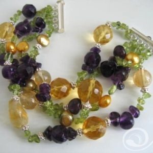 Passionfruit Crush, Gold Pearl Amethyst Citrine Peridot Gemstone Cuff Bracelet