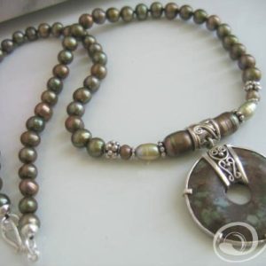 Peace Train. Leopidoite Camouflage O Stone Pendant on Khaki Pearls 925