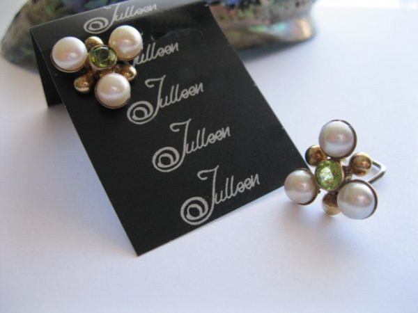 Maja Clip On 3 Pearl and Peridot Earrings on Post - Image 2