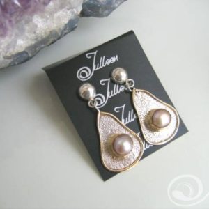 Pink Pearl, Avacado Shape, Sterling Silver and Vermeil Long Dangle Designer Earring