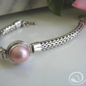 Pink Pearl Mabe Chunky Hallamrked Sterling Silver Bracelet on Toggle