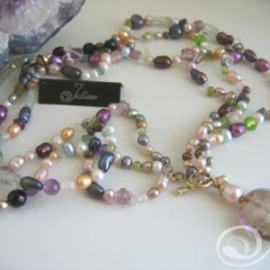 Precious Necklace, Triple Strand of Gemstone and Pearl with Merano Stone Pendant