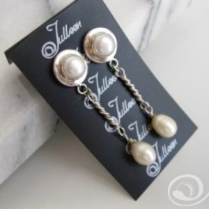 Princess Kate Double White Long Pearl Earrings on Post Sterling Silver