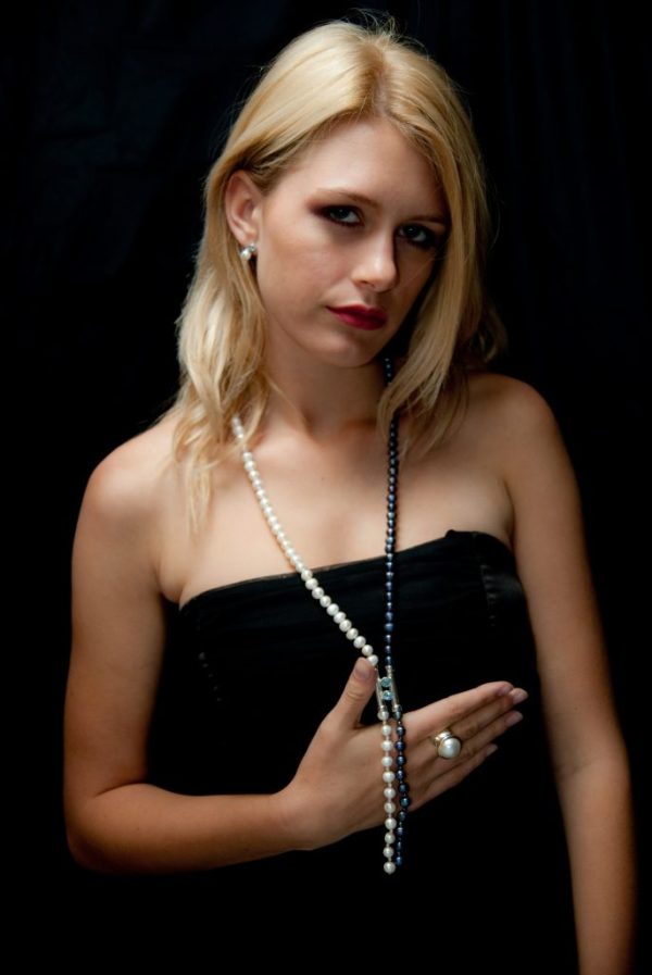Tiger. Long Black & White Combo Pearl Lariat Necklace with Jewelled Tube Pendant - Image 3