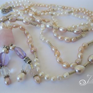 Spring Rose Pink Pearl Necklace with Rose Quartz and Amethysts