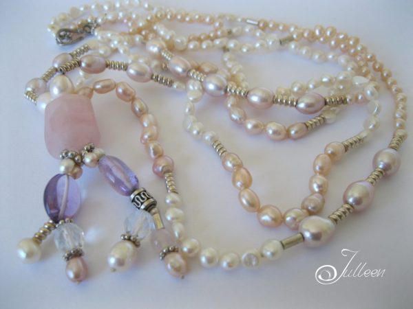 Spring Rose Pink Pearl Necklace with Rose Quartz and Amethysts