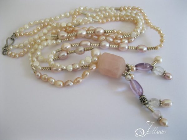Spring Rose Pink Pearl Necklace with Rose Quartz and Amethysts - Image 2