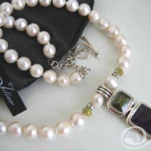 Tasha Necklace. Huge Peridot and Amethyst Emerald Cut Stone Pendant on Pearls 925