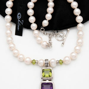 Tasha Necklace. Huge Peridot and Amethyst Emerald Cut Stone Pendant on Pearls 925