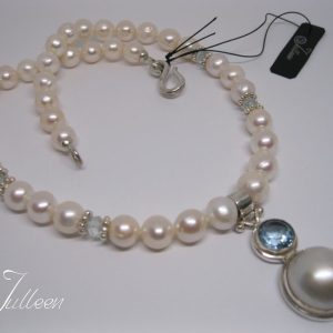 Beth Blue Topaz Mabe White Pearl Necklace 925