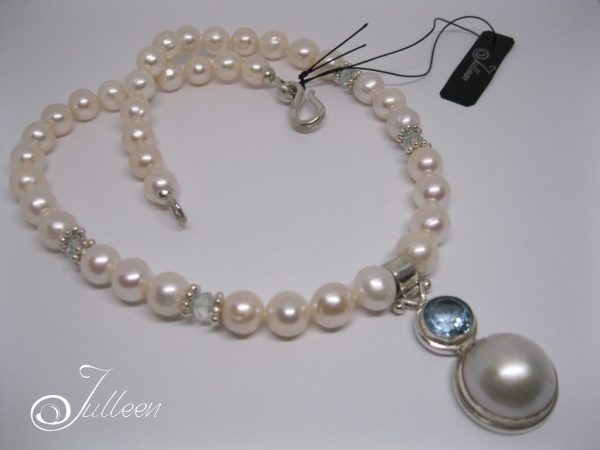 Beth Blue Topaz Mabe White Pearl Necklace 925