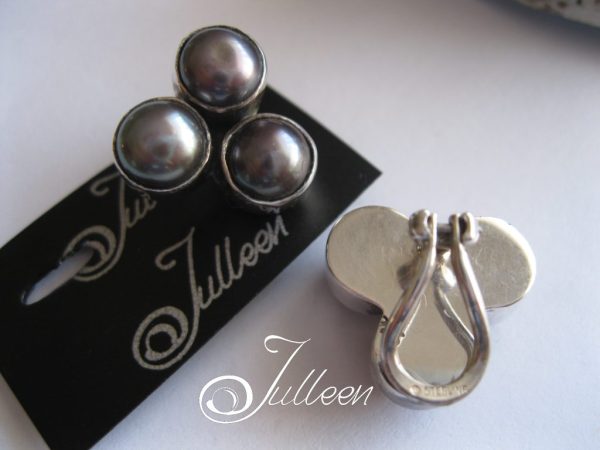 Clip On Shireen Black Pearl Earrings with Omega Clips in Hallmarked Sterling Silver. - Image 2