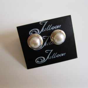 Victoria White Pearl Earring. White Button Pearl Studs Double Bezel Set in Sterling Silver 925