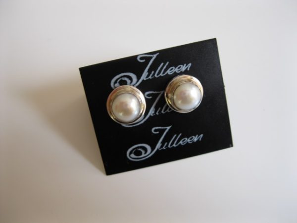 Victoria White Pearl Earring. White Button Pearl Studs Double Bezel Set in Sterling Silver 925