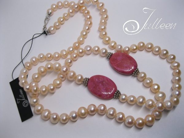 Jaye Necklace. Long Creamy Pink Pearl and Sterling Silver Necklace with Pink Jasper - Image 3