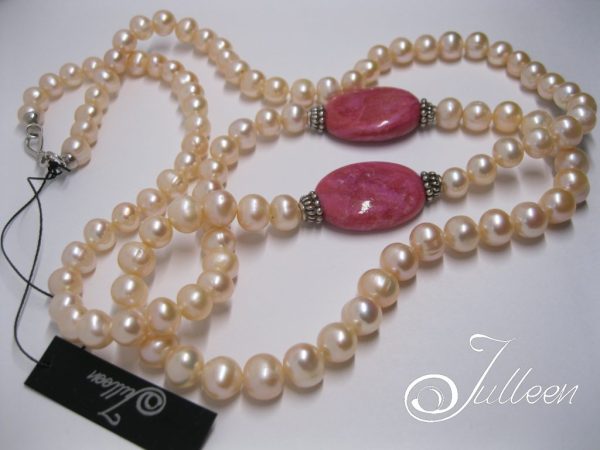 Jaye Necklace. Long Creamy Pink Pearl and Sterling Silver Necklace with Pink Jasper - Image 2