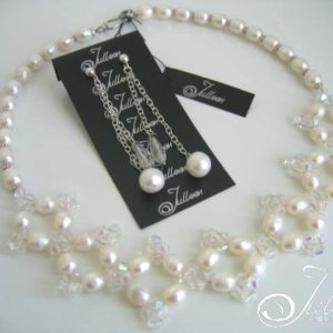 Brigitte Bridal Set White Pearls and Crystal Weave Design with Matching Dangling earrings