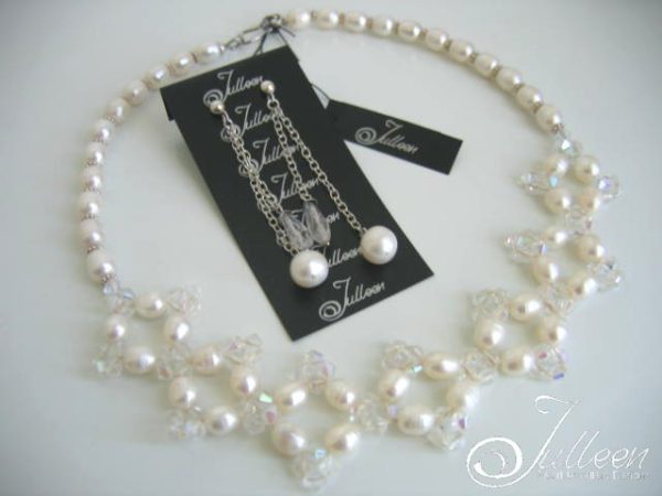 Brigitte Bridal Set White Pearls and Crystal Weave Design with Matching Dangling earrings