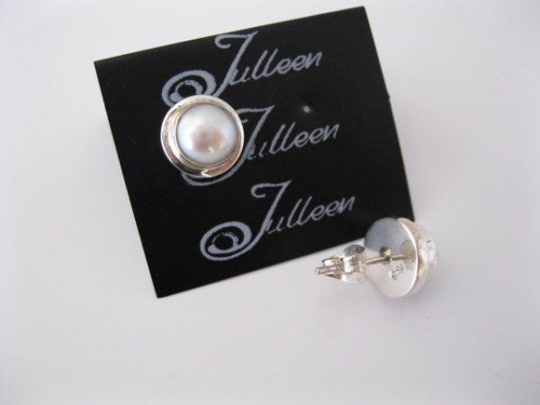 Victoria White Pearl Earring. White Button Pearl Studs Double Bezel Set in Sterling Silver 925 - Image 2