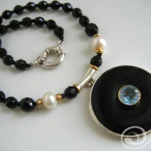 Wow Factor Necklace Black Onyx and Sky Blue Topaz Pendant Gemstone Necklace