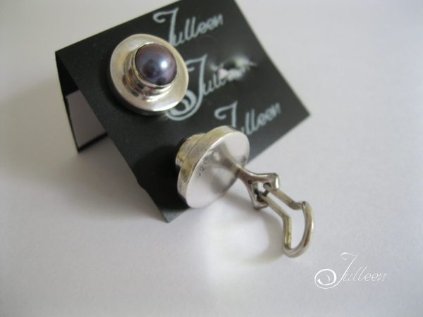Clip On Betina Earrings. Black Pearl Bezel Set in Sterling Silver - Image 2