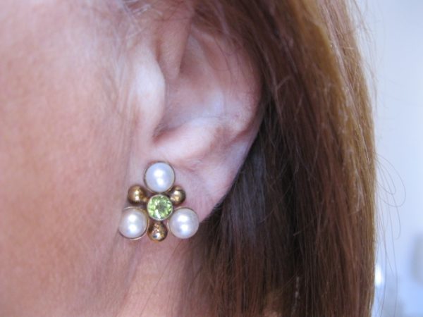 Maja Clip On 3 Pearl and Peridot Earrings on Post - Image 4