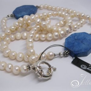 Carla Long White Pearl Necklace with Chunky Blue Lapis Lazuli