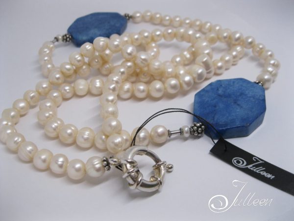Carla Long White Pearl Necklace with Chunky Blue Lapis Lazuli