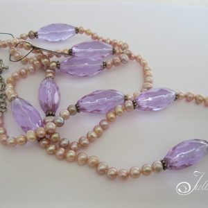 Lavender Mist Necklace. Lavender Pink Pearl and Lavender Quartz Barrel Beads on Sterling Silver Necklace