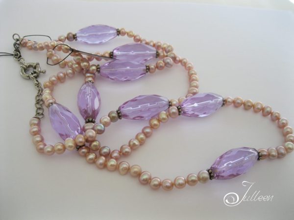 Lavender Mist Necklace. Lavender Pink Pearl and Lavender Quartz Barrel Beads on Sterling Silver Necklace