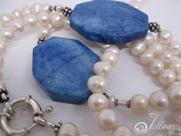Carla Long White Pearl Necklace with Chunky Blue Lapis Lazuli - Image 3