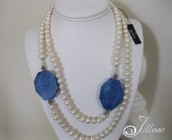 Carla Long White Pearl Necklace with Chunky Blue Lapis Lazuli - Image 5