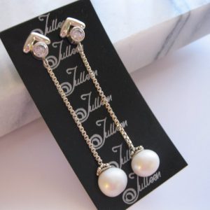 Tabatha CZ Diamond and White Pearl Long Sterling Silver Chain Dangle Earrings