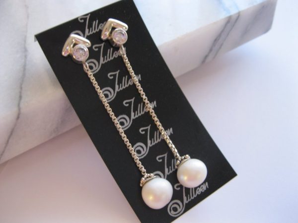 Tabatha CZ Diamond and White Pearl Long Sterling Silver Chain Dangle Earrings
