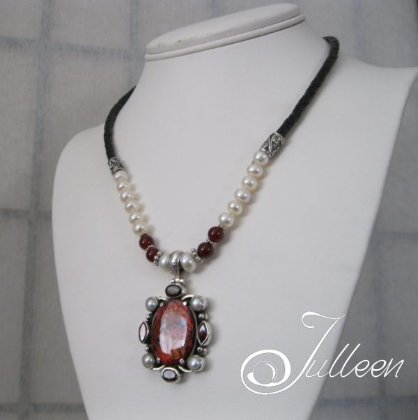Moulin Rouge Necklace. Red Abalone, Pearl, Red Garnet, Sterling Silver Artisan Pendant on Leather - Image 5