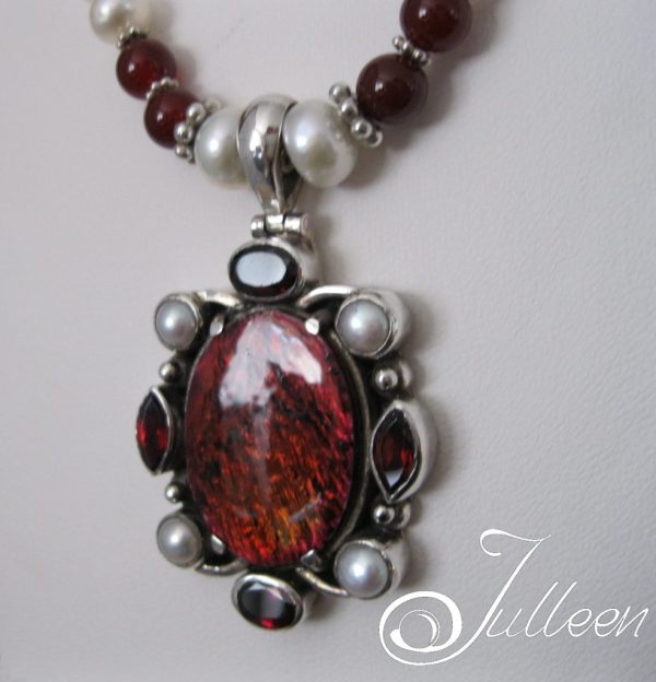Moulin Rouge Necklace. Red Abalone, Pearl, Red Garnet, Sterling Silver Artisan Pendant on Leather - Image 2