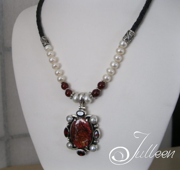 Moulin Rouge Necklace. Red Abalone, Pearl, Red Garnet, Sterling Silver Artisan Pendant on Leather - Image 4