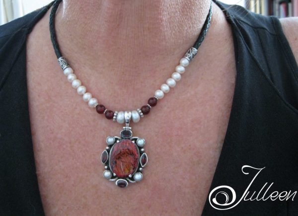 Moulin Rouge Necklace. Red Abalone, Pearl, Red Garnet, Sterling Silver Artisan Pendant on Leather - Image 6
