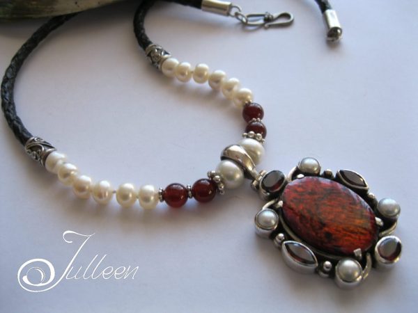 Moulin Rouge Necklace. Red Abalone, Pearl, Red Garnet, Sterling Silver Artisan Pendant on Leather - Image 3