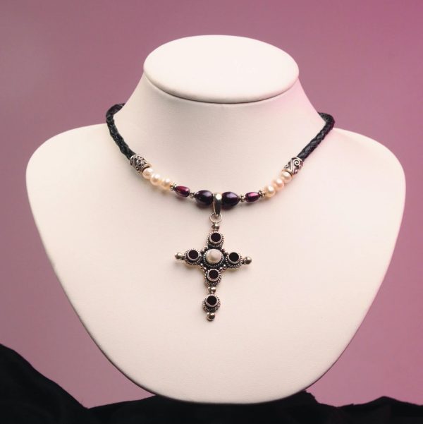 Mary Tudor Necklace Blood Red Garnets and White Pearl Cross Necklet 925 - Image 2