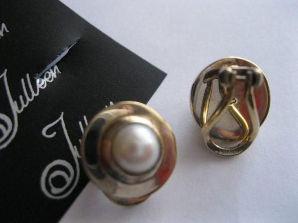 Clip On Barbara Earrings. White Pearl Bezel Set in Gold Vermeil. - Image 4
