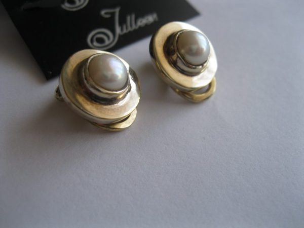 Clip On Barbara Earrings. White Pearl Bezel Set in Gold Vermeil. - Image 2