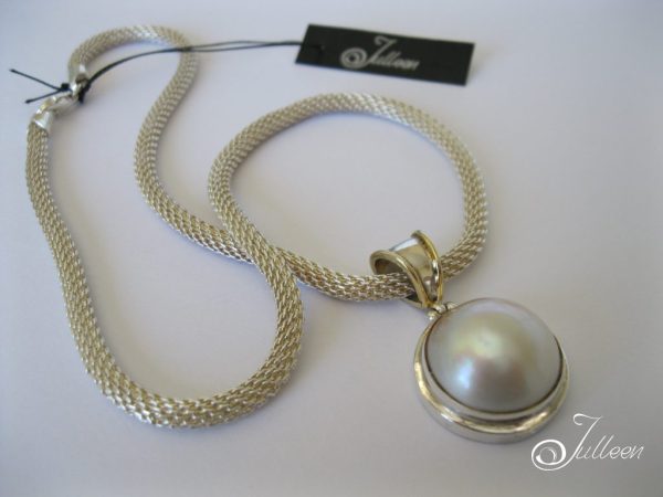 Triana Necklace - White Mabe Pendant on Hallmarked Sterling Silver 4 mm Italian Mesh Chain - Image 2