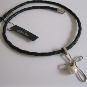 Anne Too Necklace. Sterling Silver Wire Cross and Pearl Necklace on Neoprene Band